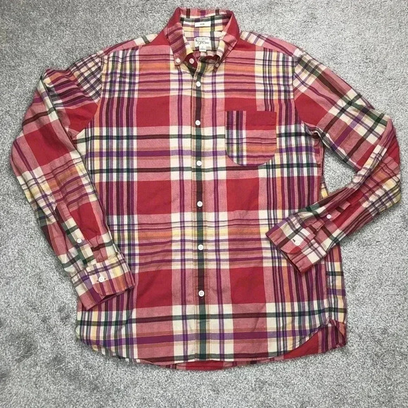 J Crew Mens Button Down Shirt Sz L Red Checkered Long Sleeves Indian Mandras - Picture 1 of 8